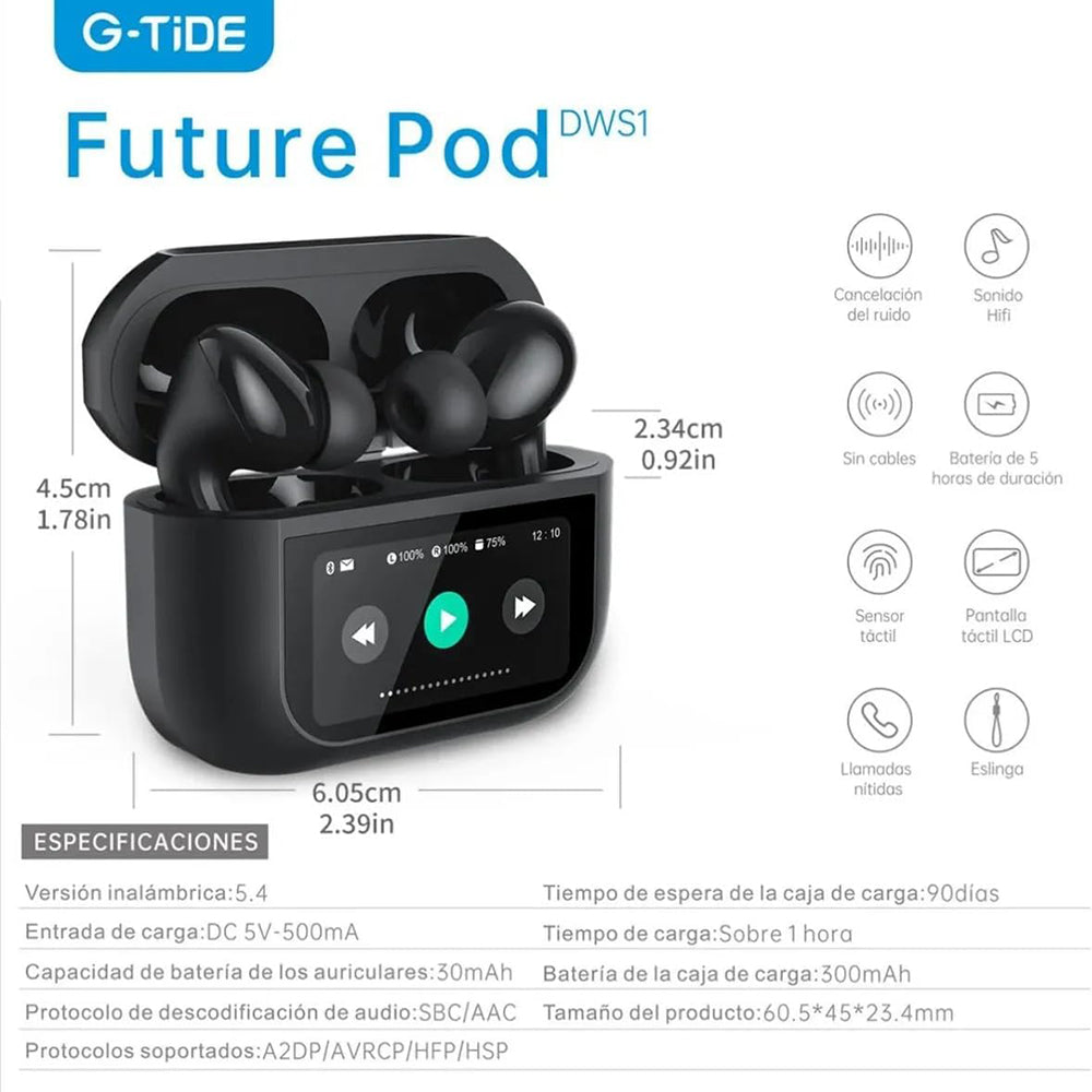 Audífonos FUTURE POD Cancelación Ruido Lcd Táctil 30mAh / 300mAh G-TIDE — Bluetooth 5.3 TWS - Imagen 10