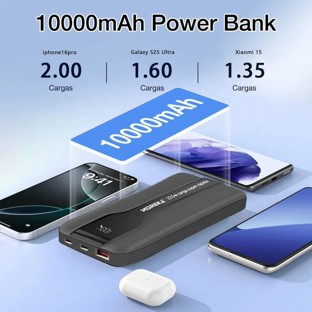 Power Bank Moreka K092 10000mAh 22.5W cables C USB Lightning y Micro USB - Imagen 6