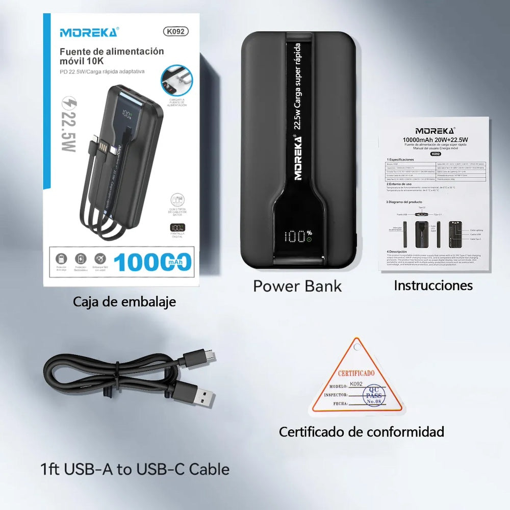 Power Bank Moreka K092 10000mAh 22.5W cables C USB Lightning y Micro USB - Imagen 9