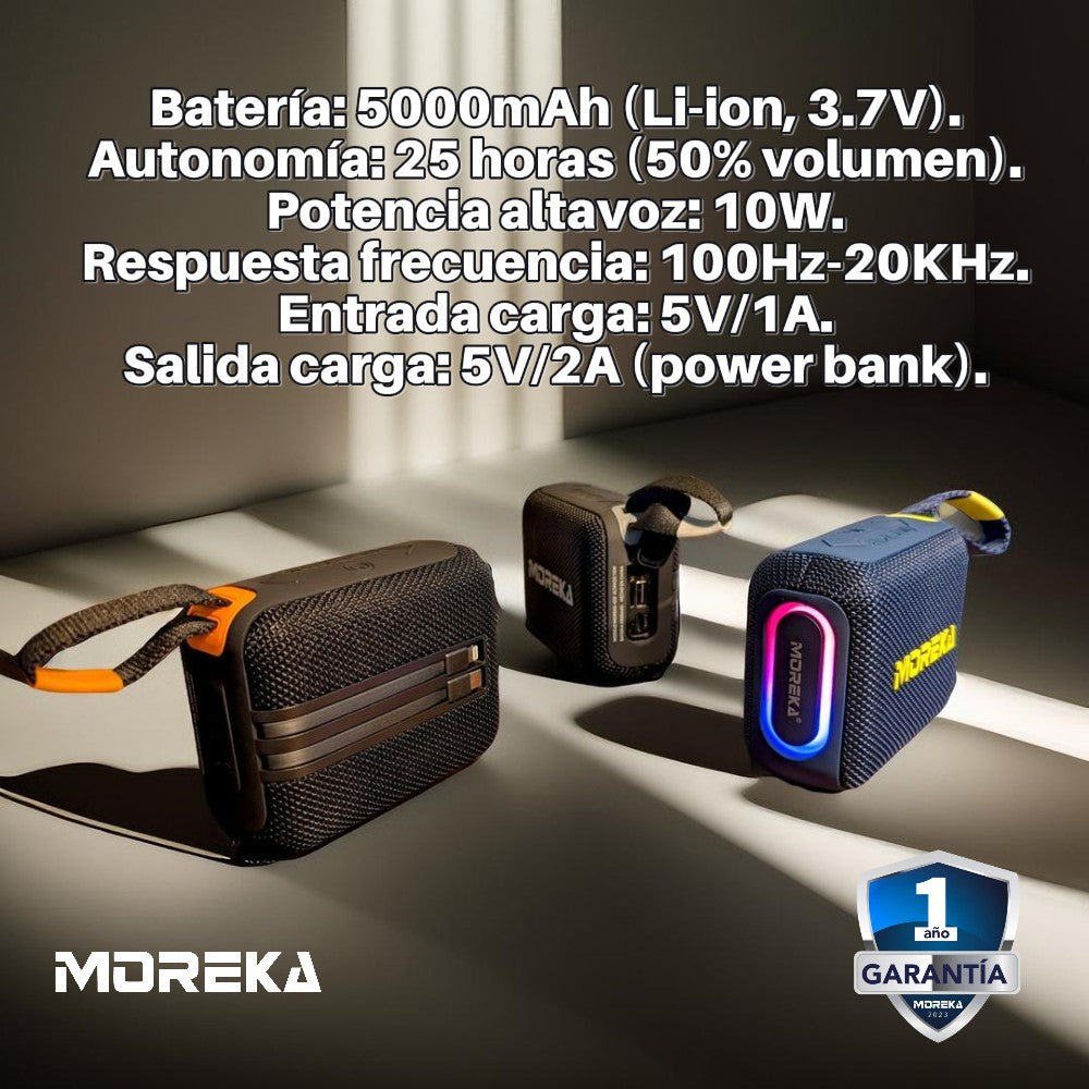 Bocina Power Bank Moreka 428 10W 5000mAh cables tipo IP y C hasta 25 Horas - Imagen 6