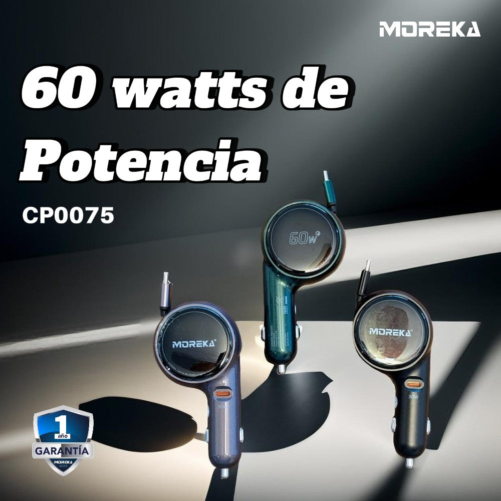 Cargador De Carro retráctil Moreka CP0075 Plug In 60w tipo C 80cm - Imagen 2