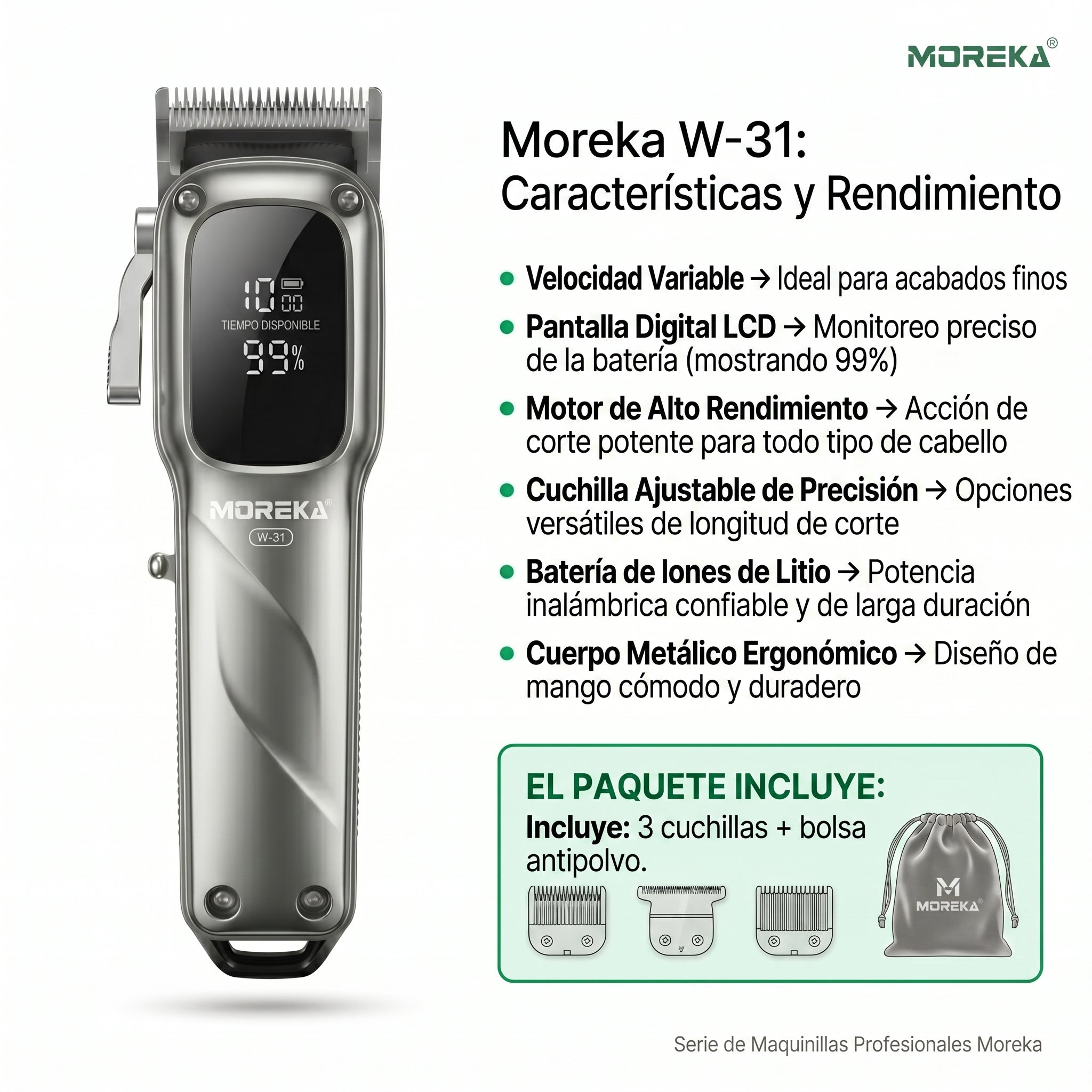 MAQUINILLA CON CUCHILLA AJUSTABLE Profesional B Carga - Moreka Modelo W-31 - Imagen 3