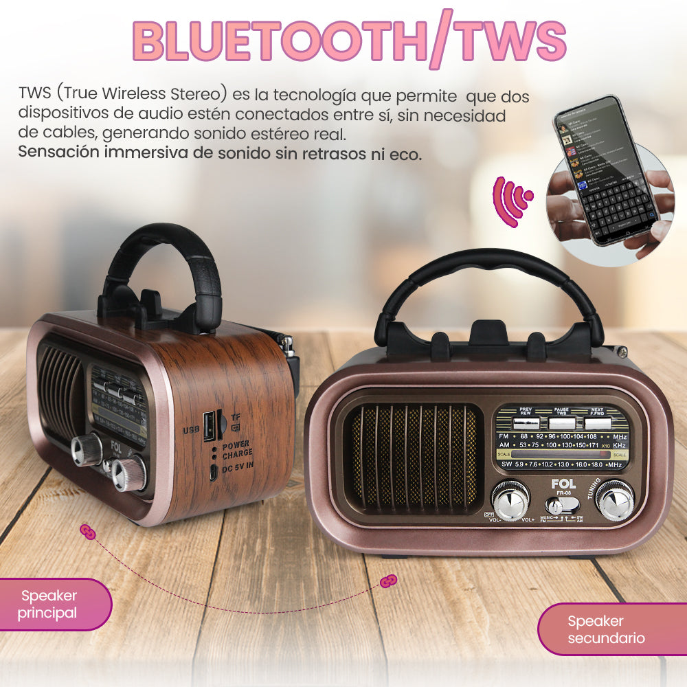 Radio AM/FM/SW Fol Bluetooth, TF Card, Radio FM, USB TWS FR-08 - Imagen 3