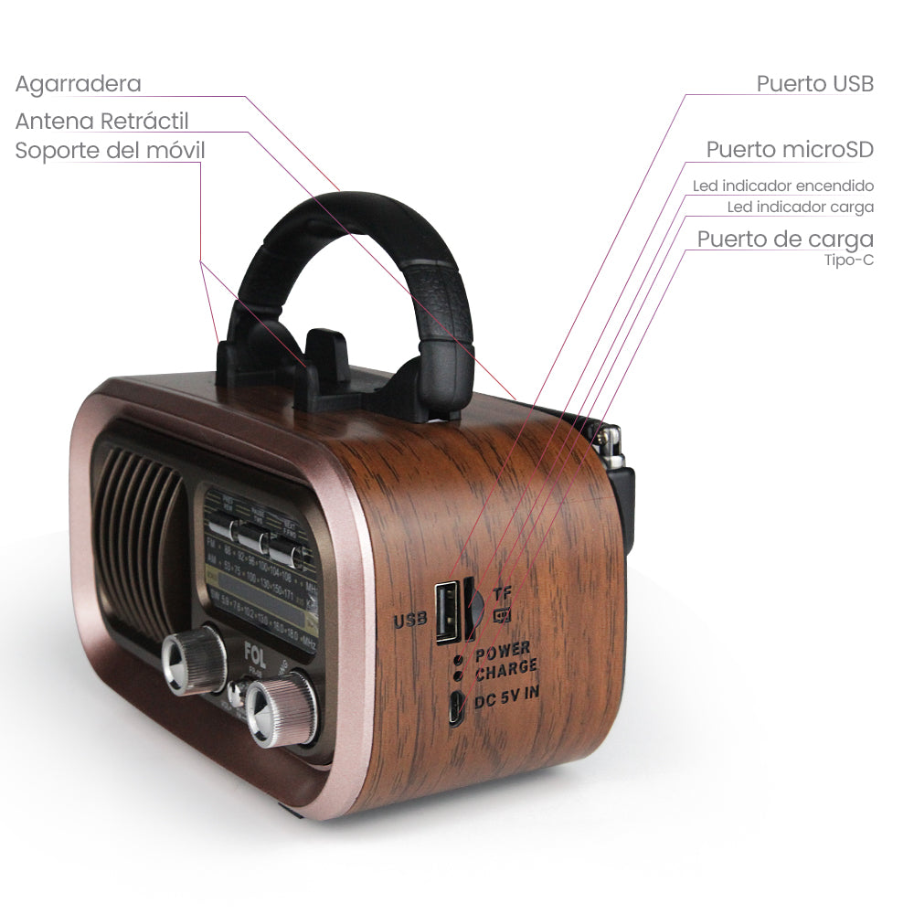 Radio AM/FM/SW Fol Bluetooth, TF Card, Radio FM, USB TWS FR-08 - Imagen 6