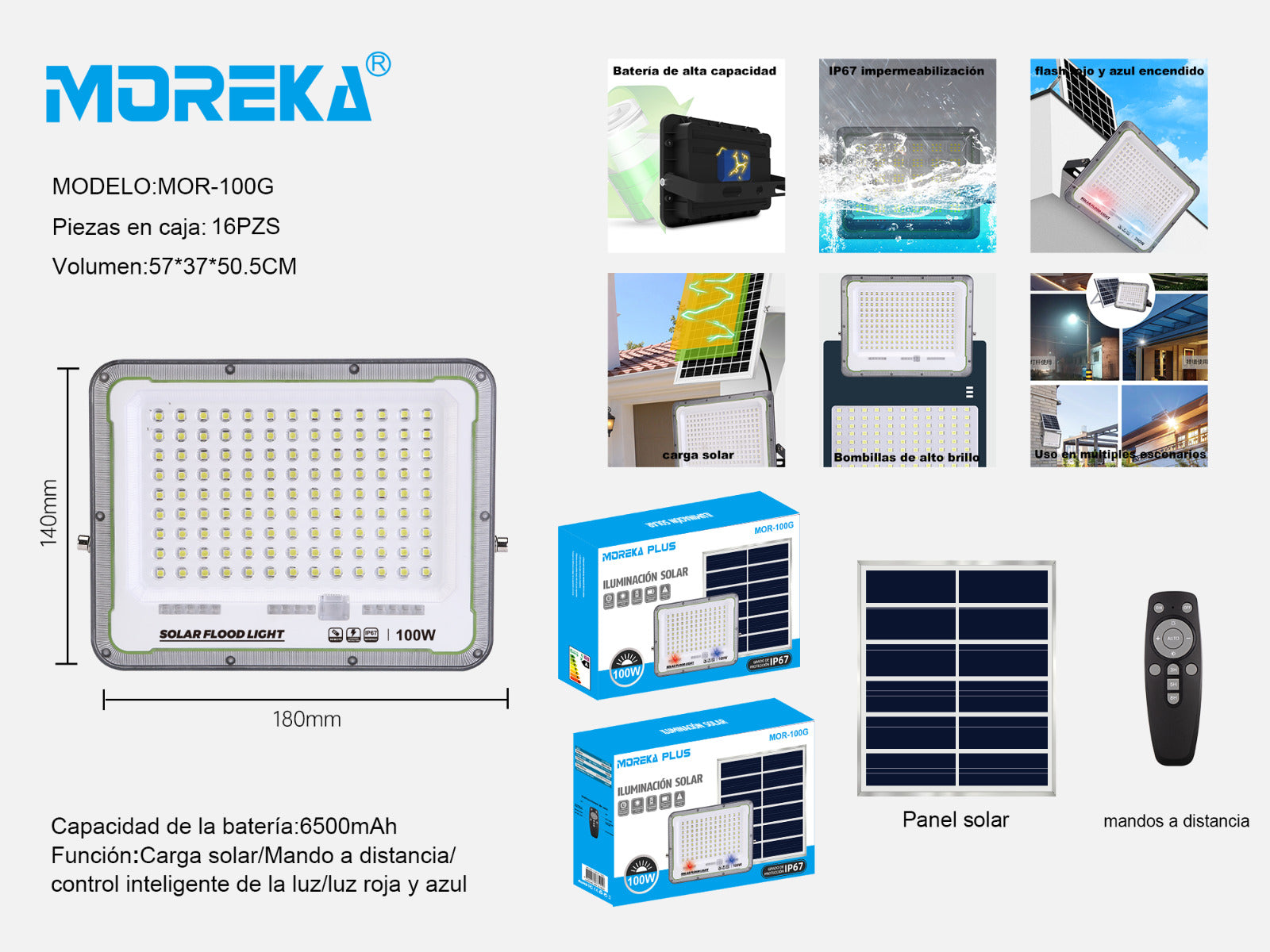 Reflector Solar 100W 6500mAh con Panel solares para intemperie IP67 MOR-100G - Imagen 2