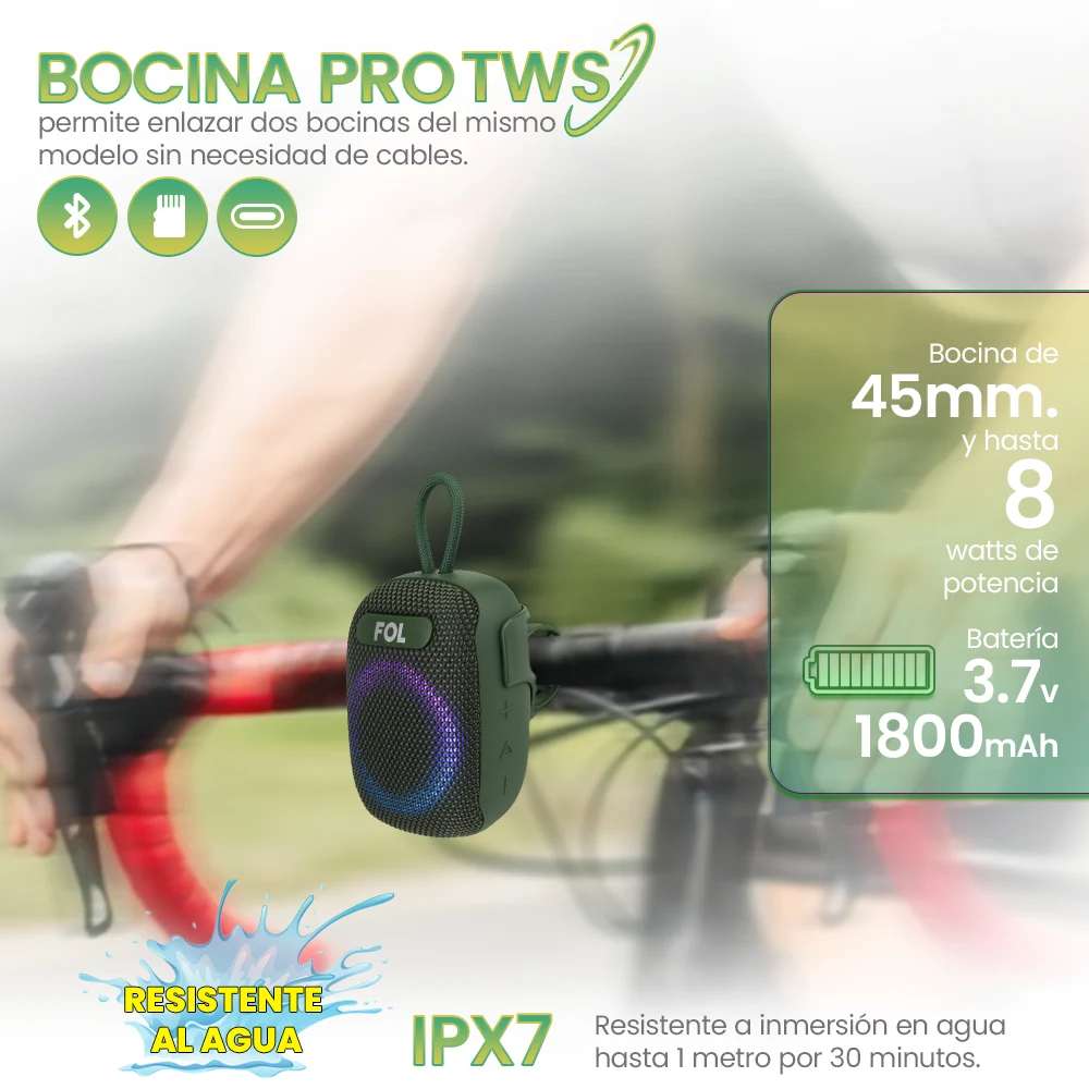 Bocina Moto Bluetooth FOL FS-S195 TF Card Radio FM 1800mAh 8W Resistente al agua IPX6 - Imagen 3