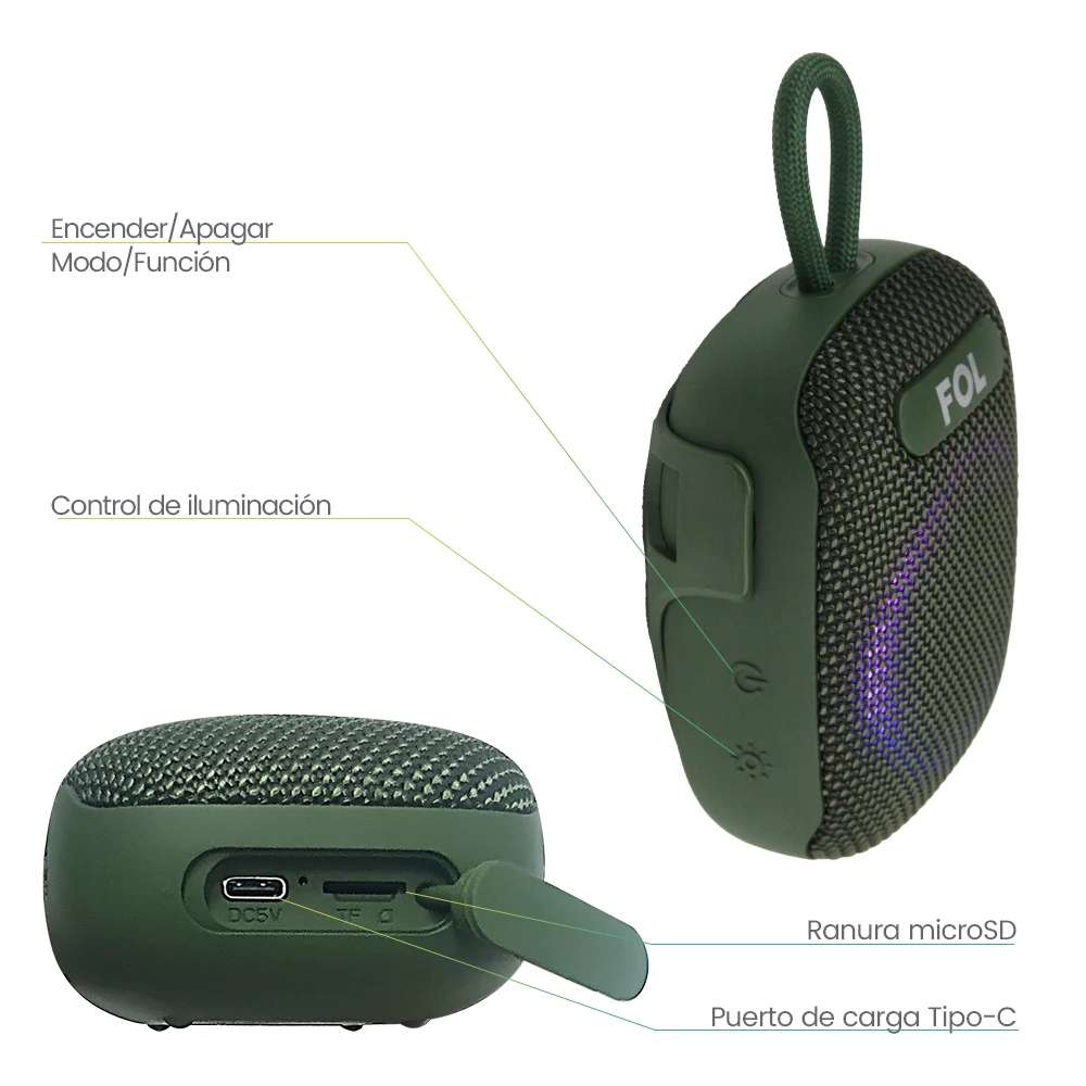 Bocina Moto Bluetooth FOL FS-S195 TF Card Radio FM 1800mAh 8W Resistente al agua IPX6 - Imagen 4