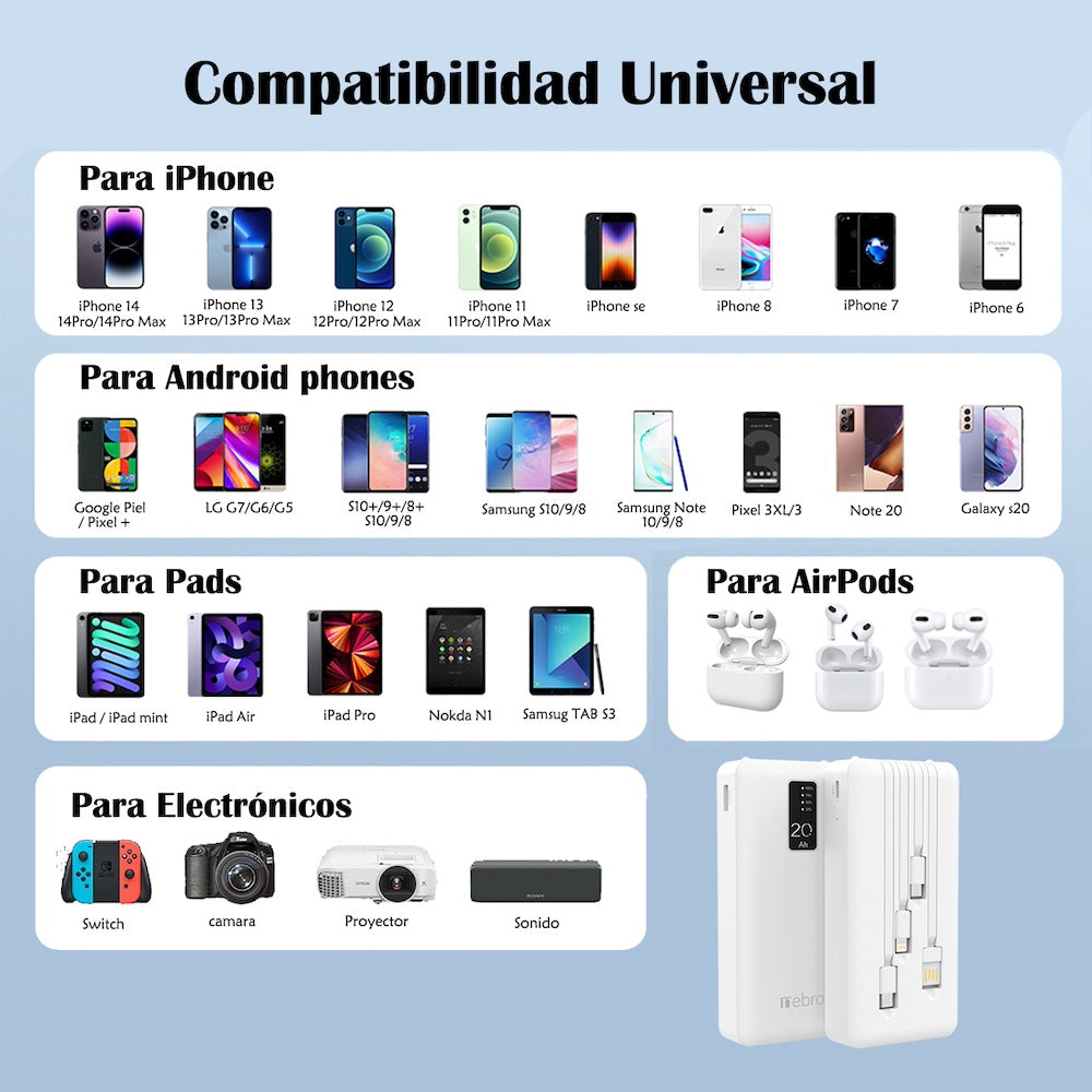 Power Bank Nebro WB-214 20000mAh 2.1A 5V incluye cables IP C V8 - Imagen 9