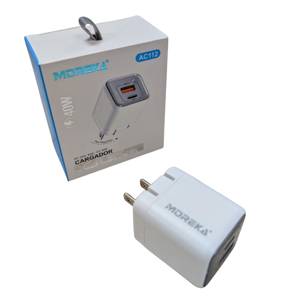 Cubo Cargador 40W 5V- 3A puertos PD20W & QC3.0 20W Clavija plegable Moreka AC112 - Imagen 7