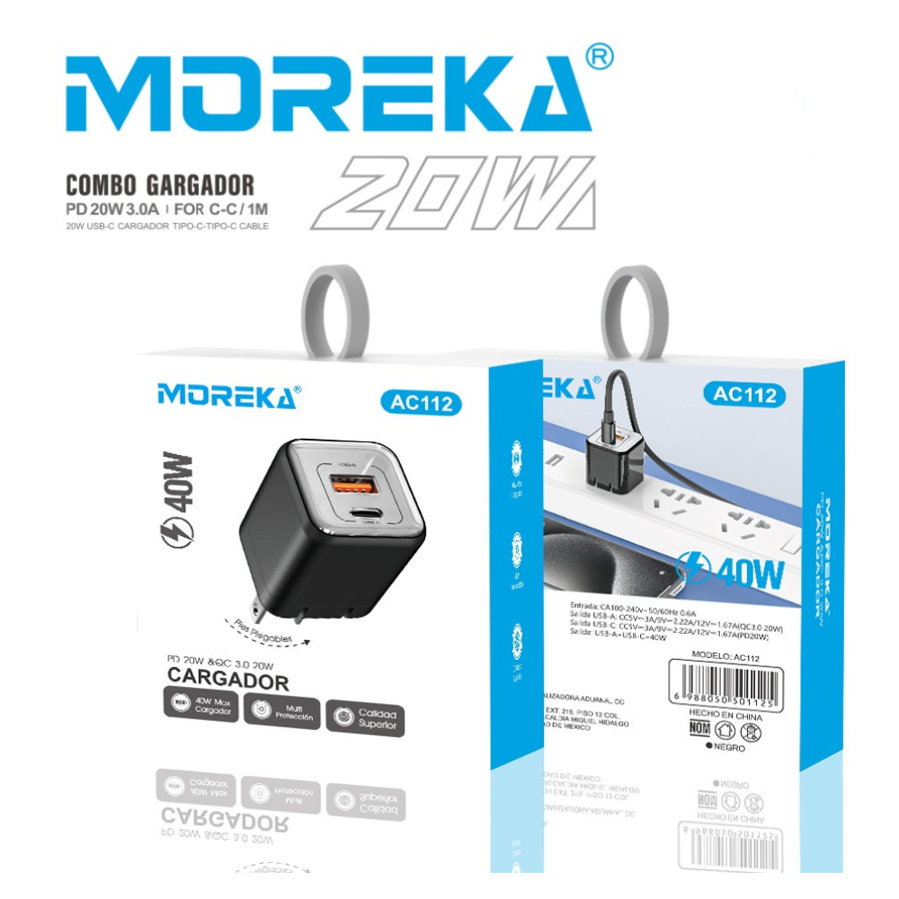Cubo Cargador 40W 5V- 3A puertos PD20W & QC3.0 20W Clavija plegable Moreka  AC112 - Imagen 8
