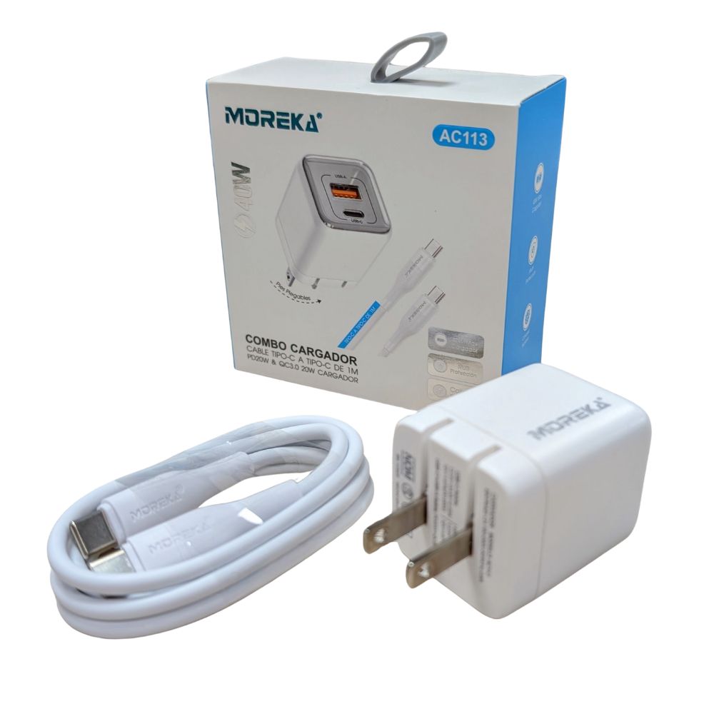Cargador 40W 5V- 3A puertos PD20W & QC3.0 20W Clavija plegable cable tipo C -C Moreka AC113 - Imagen 2