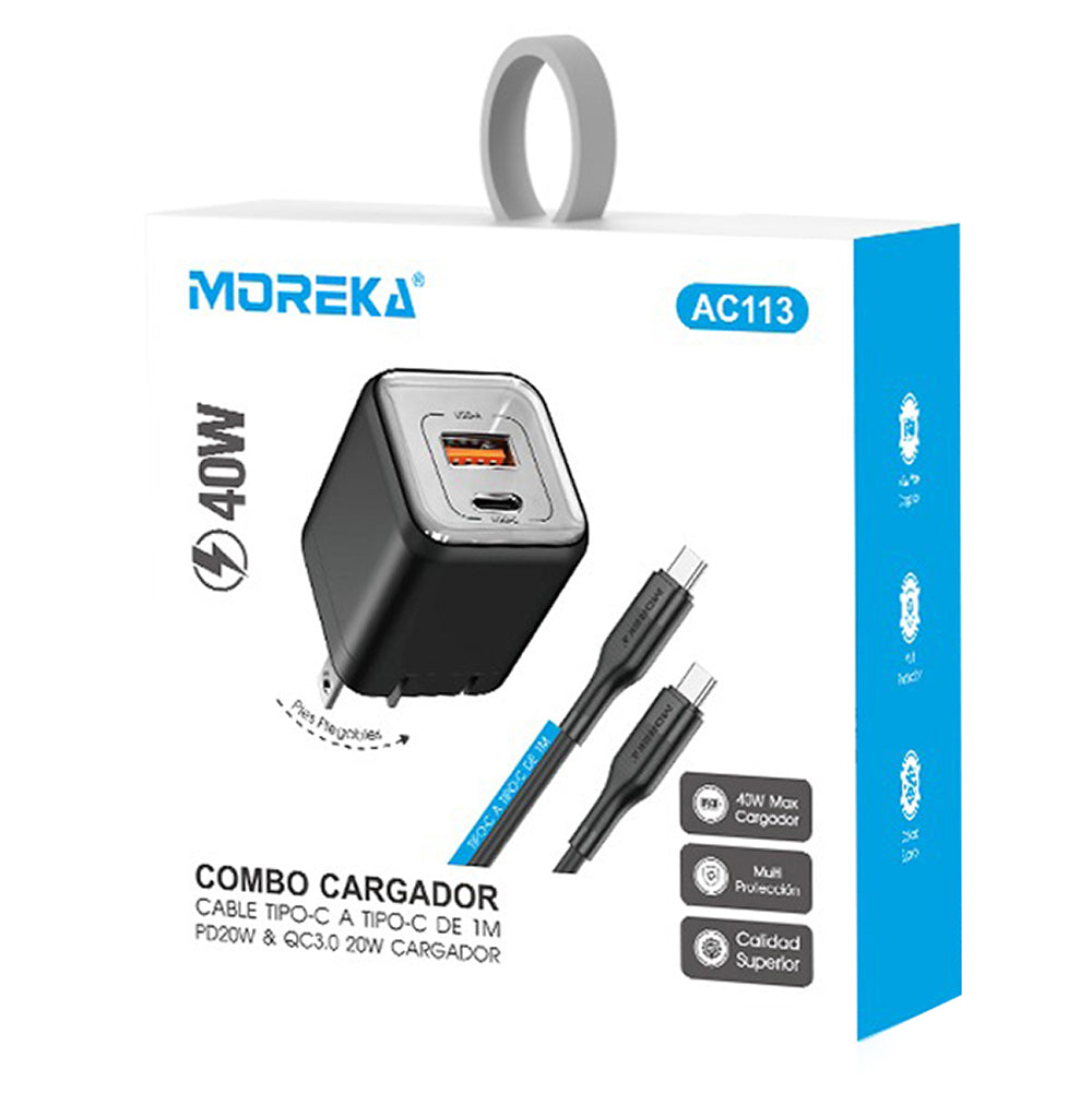 Cargador 40W 5V- 3A puertos PD20W & QC3.0 20W Clavija plegable cable tipo C -C Moreka AC113 - Imagen 5
