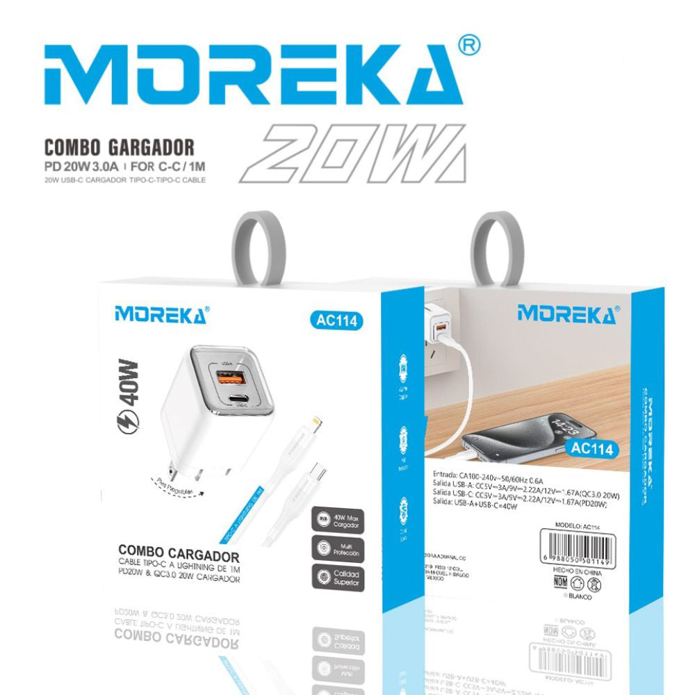 Cargador 40W 5V- 3A puertos PD20W & QC3.0 20W Clavija plegable cable Tipo IP - C Moreka  AC114 - Imagen 5