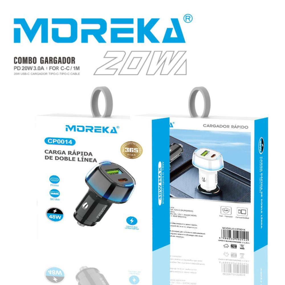 Turbo Cargador De Carro 48W PD30W QC18W Moreka CP0014 Plug In puertos USB y C - Imagen 4