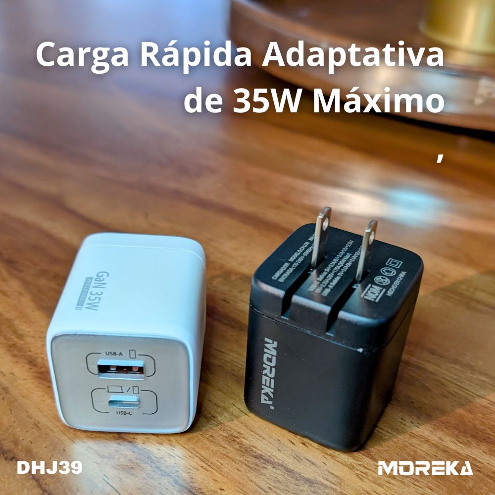 Cargador 35W GaN 5V- 3.1A puertos PD35W max & QC3.0 18W max Clavija plegable Moreka DHJ39 Cable tipo C - Imagen 2