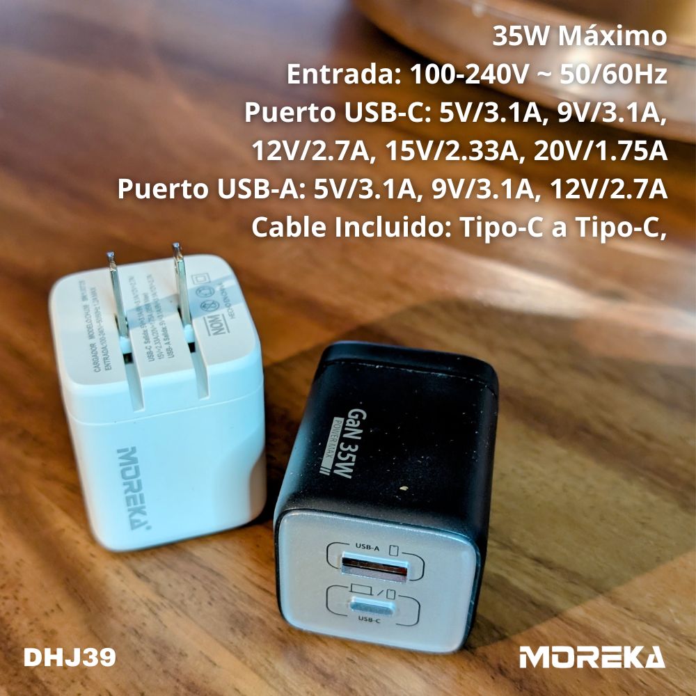 Cargador 35W GaN 5V- 3.1A puertos PD35W max & QC3.0 18W max Clavija plegable Moreka DHJ39 Cable tipo C - Imagen 3