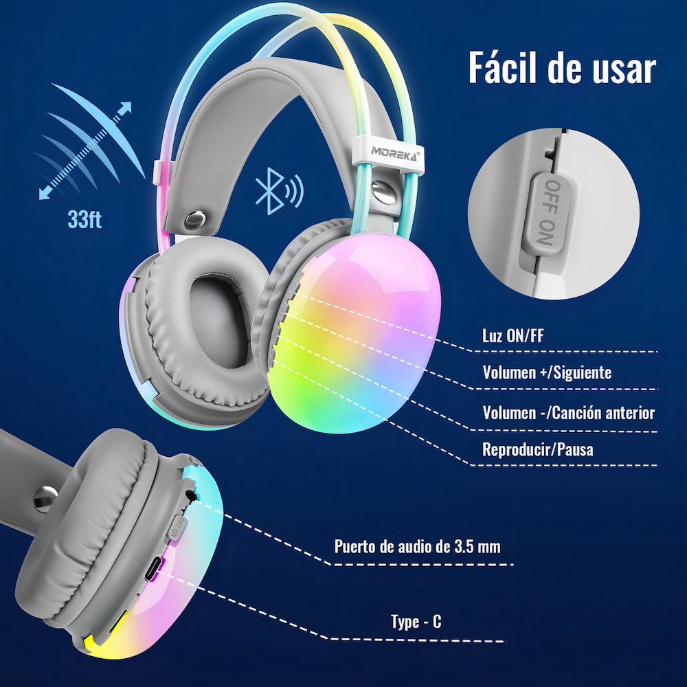 Audífonos Bluetooth 5.3 Moreka BL029 16 horas de musica iluminación RGB - Imagen 2
