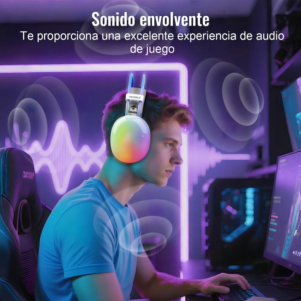Audífonos Bluetooth 5.3 Moreka BL029 16 horas de musica iluminación RGB - Imagen 8