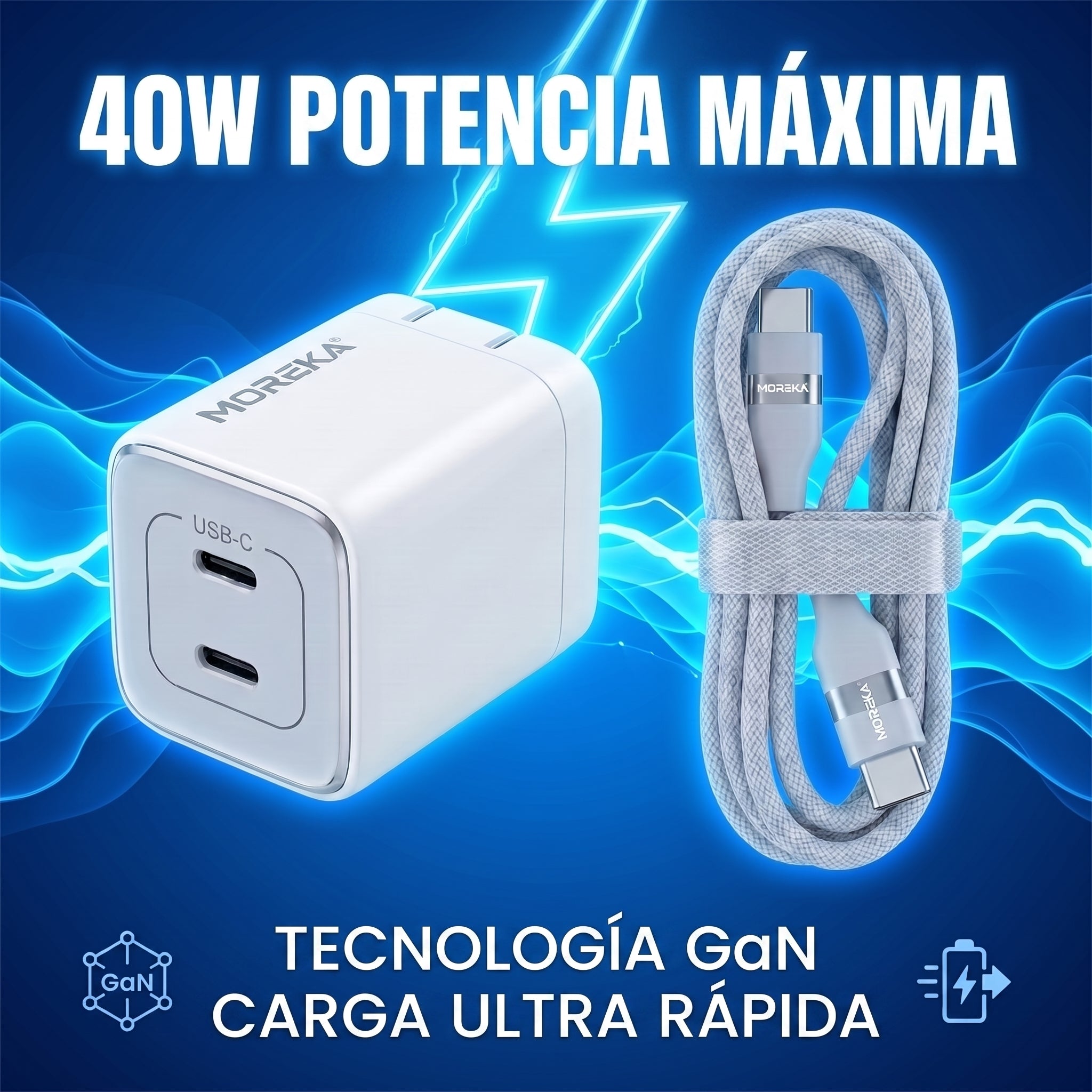 Cargador Rápido GaN Moreka DHJ40 40W con Doble USB-C y Cable Tipo-C - Imagen 2