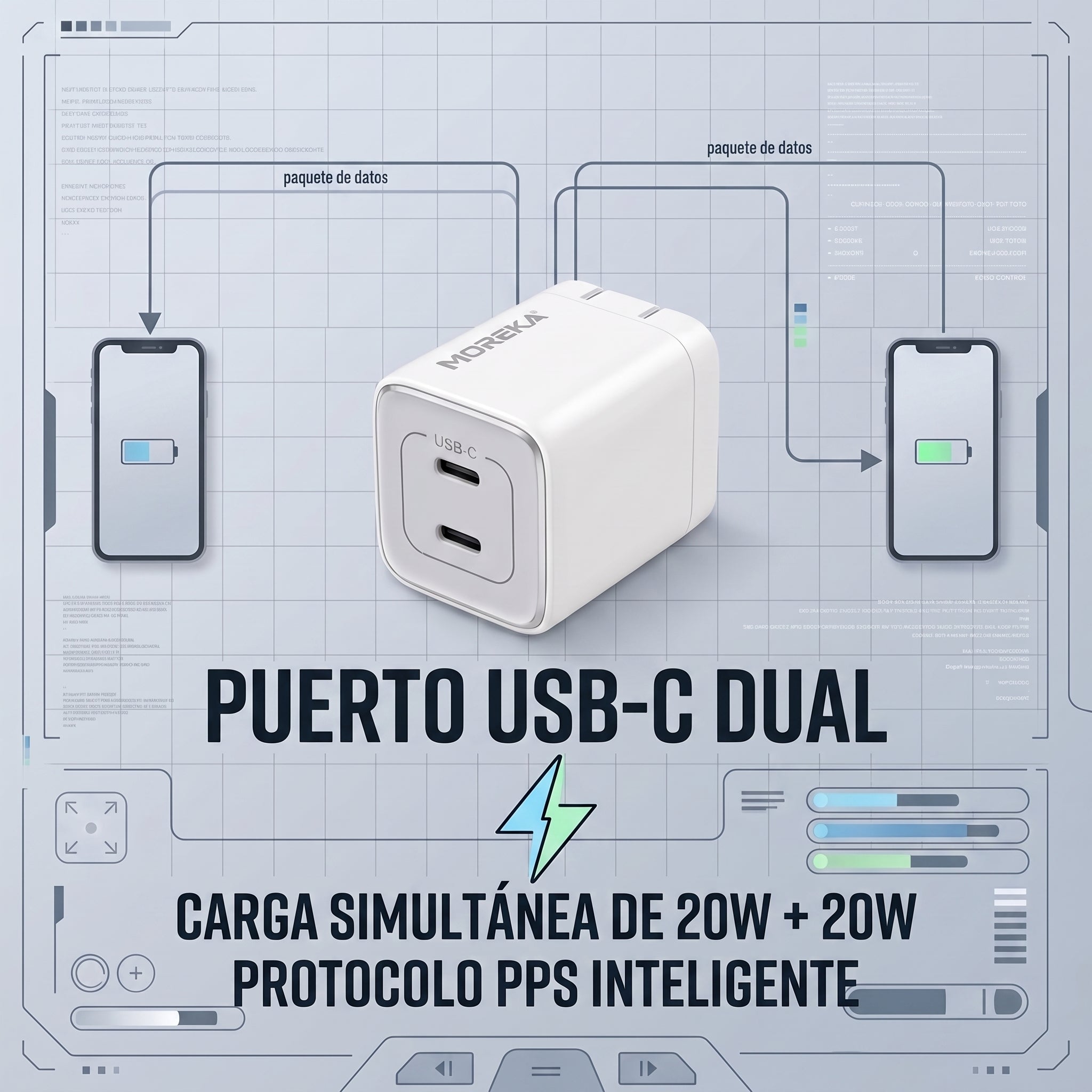 Cargador Rápido GaN Moreka DHJ40 40W con Doble USB-C y Cable Tipo-C - Imagen 3