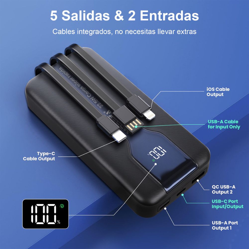 Power Bank Moreka K098 20000mAh 22.5W Cables C Lightning V8 - Imagen 3