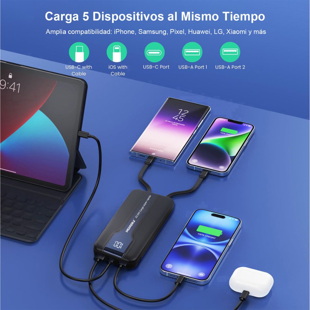 Power Bank Moreka K098 20000mAh 22.5W Cables C Lightning V8 - Imagen 5
