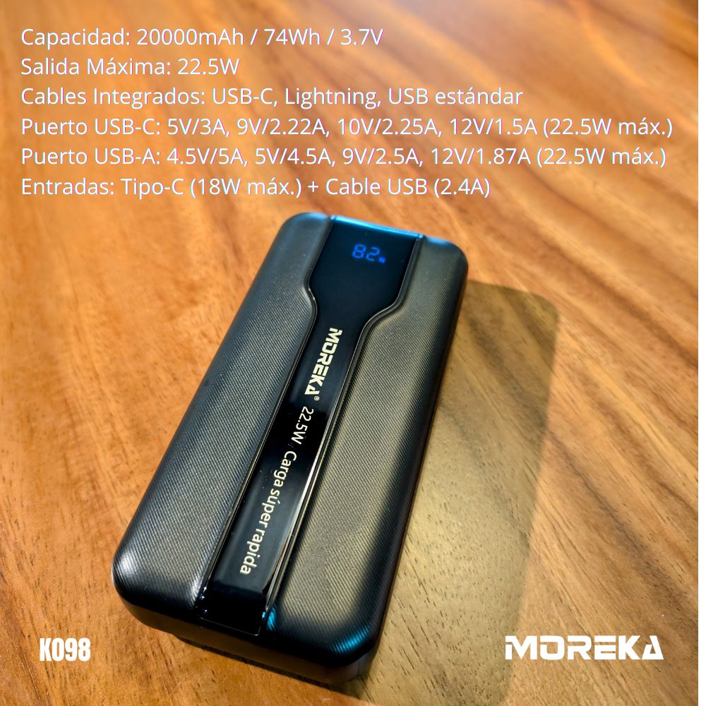 Power Bank Moreka K098 20000mAh 22.5W Cables C Lightning V8 - Imagen 7