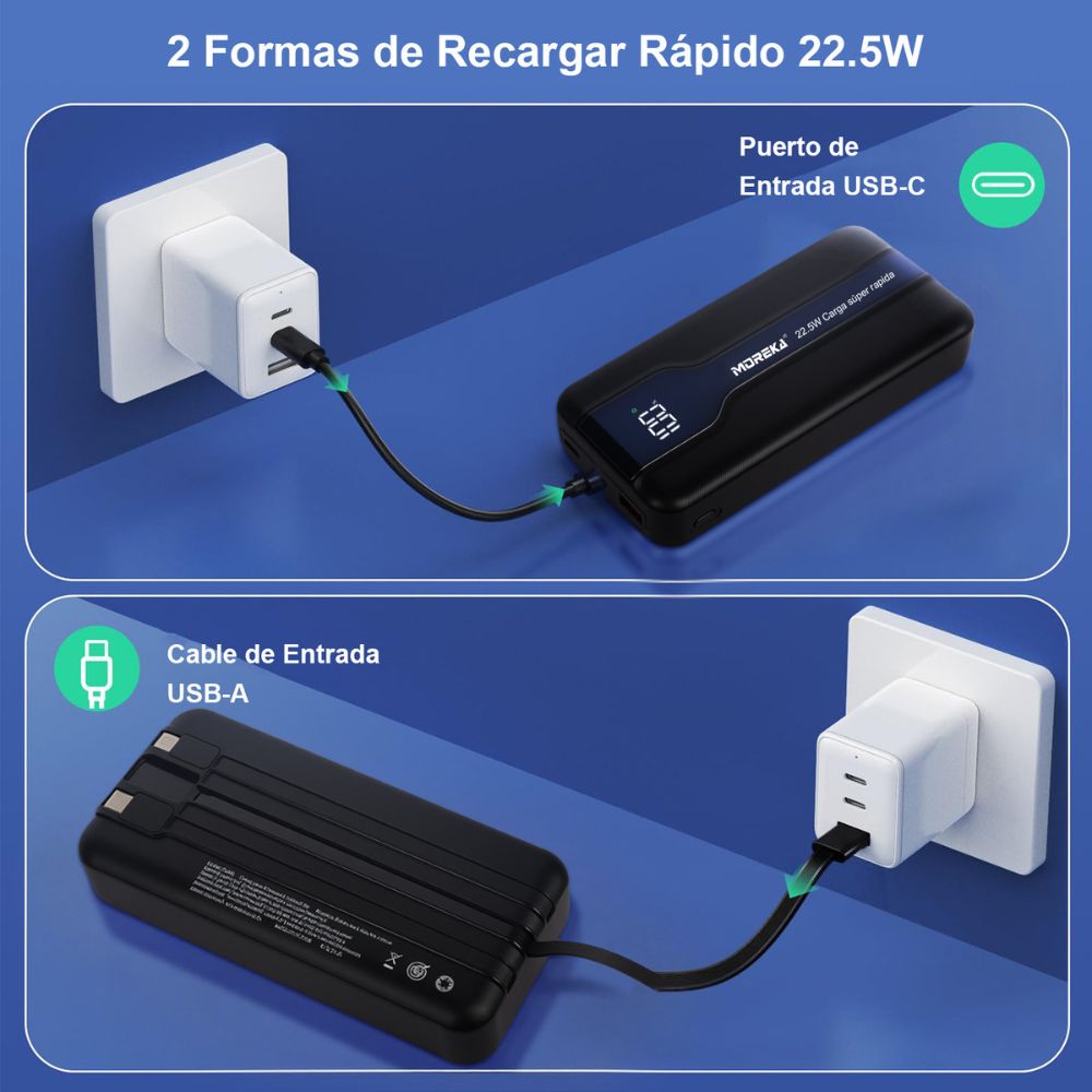 Power Bank Moreka K098 20000mAh 22.5W Cables C Lightning V8 - Imagen 8