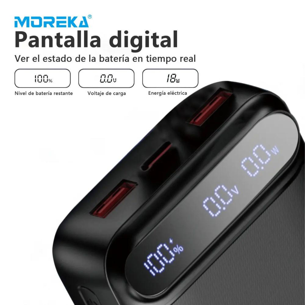 Power Bank Moreka K093 10000mAh con 3 Cables Integrados (1 x Type-C Entrada y Salida + 1 x Cable para iPhone + 1 x USB) Pantalla LED Digital Carga Inteligente - Imagen 2