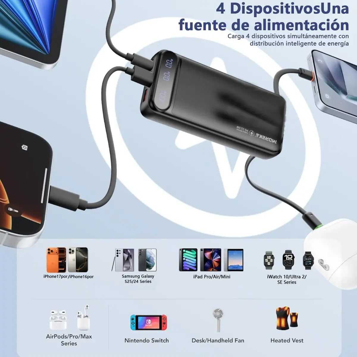 Power Bank Moreka K093 10000mAh con 3 Cables Integrados (1 x Type-C Entrada y Salida + 1 x Cable para iPhone + 1 x USB) Pantalla LED Digital Carga Inteligente - Imagen 3