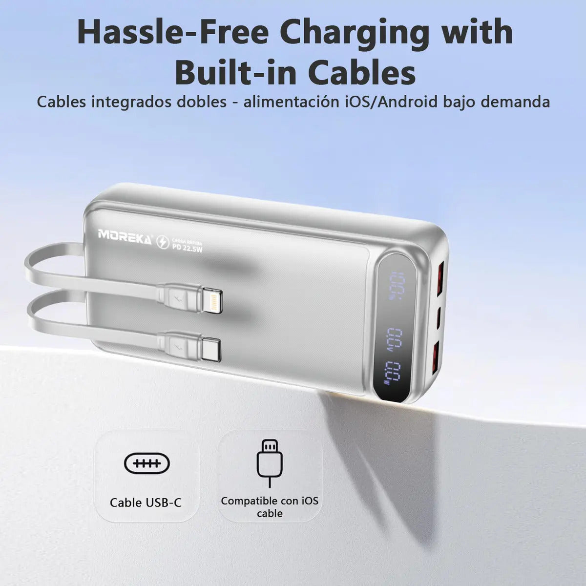 Power Bank Moreka K093 10000mAh con 3 Cables Integrados (1 x Type-C Entrada y Salida + 1 x Cable para iPhone + 1 x USB) Pantalla LED Digital Carga Inteligente - Imagen 5