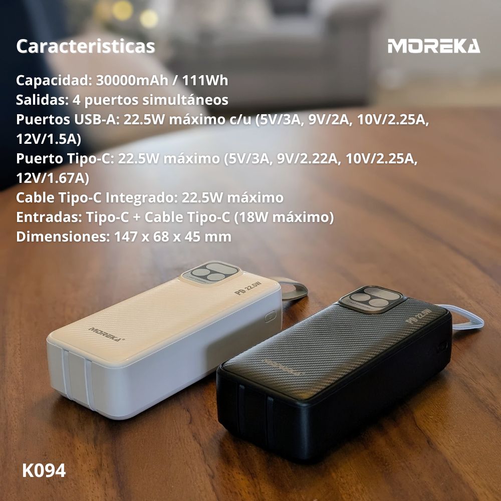 Power Bank Moreka K094 30000mAh 22.5W Cables C Lightning V8 - Imagen 5
