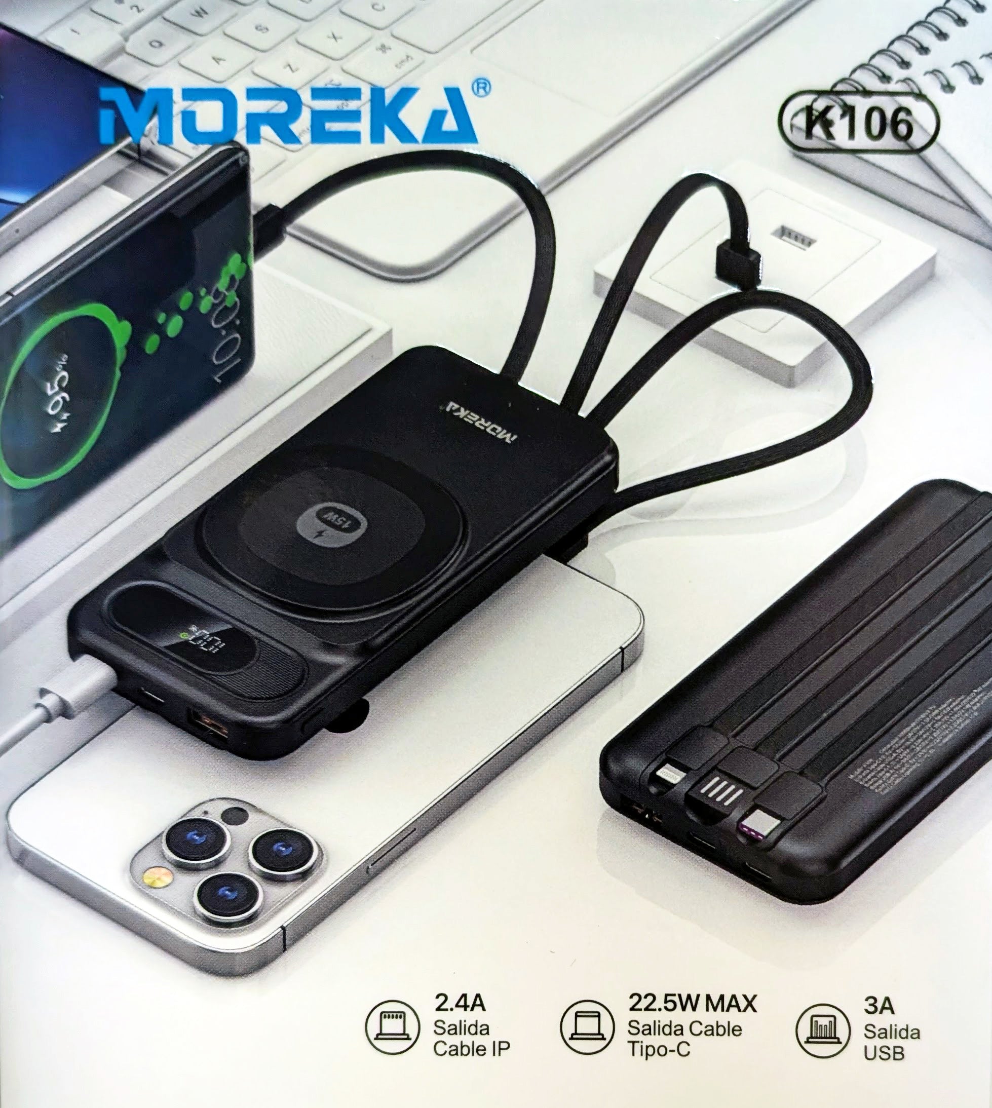Power Bank Moreka K106 10000mAh 37Wh 15W magnética 22.5w máxima incluye cables - Imagen 2