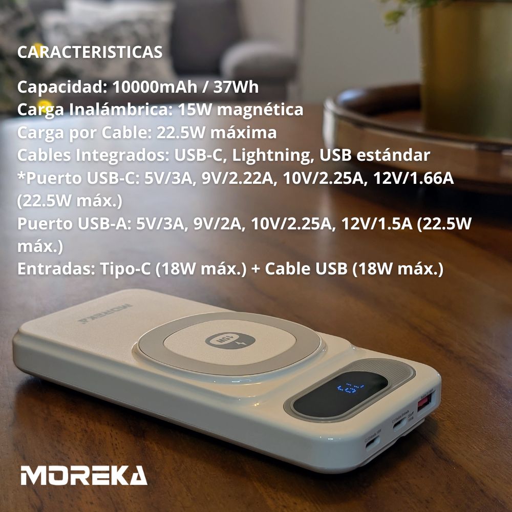 Power Bank Moreka K106 10000mAh 37Wh 15W magnética 22.5w máxima incluye cables - Imagen 4