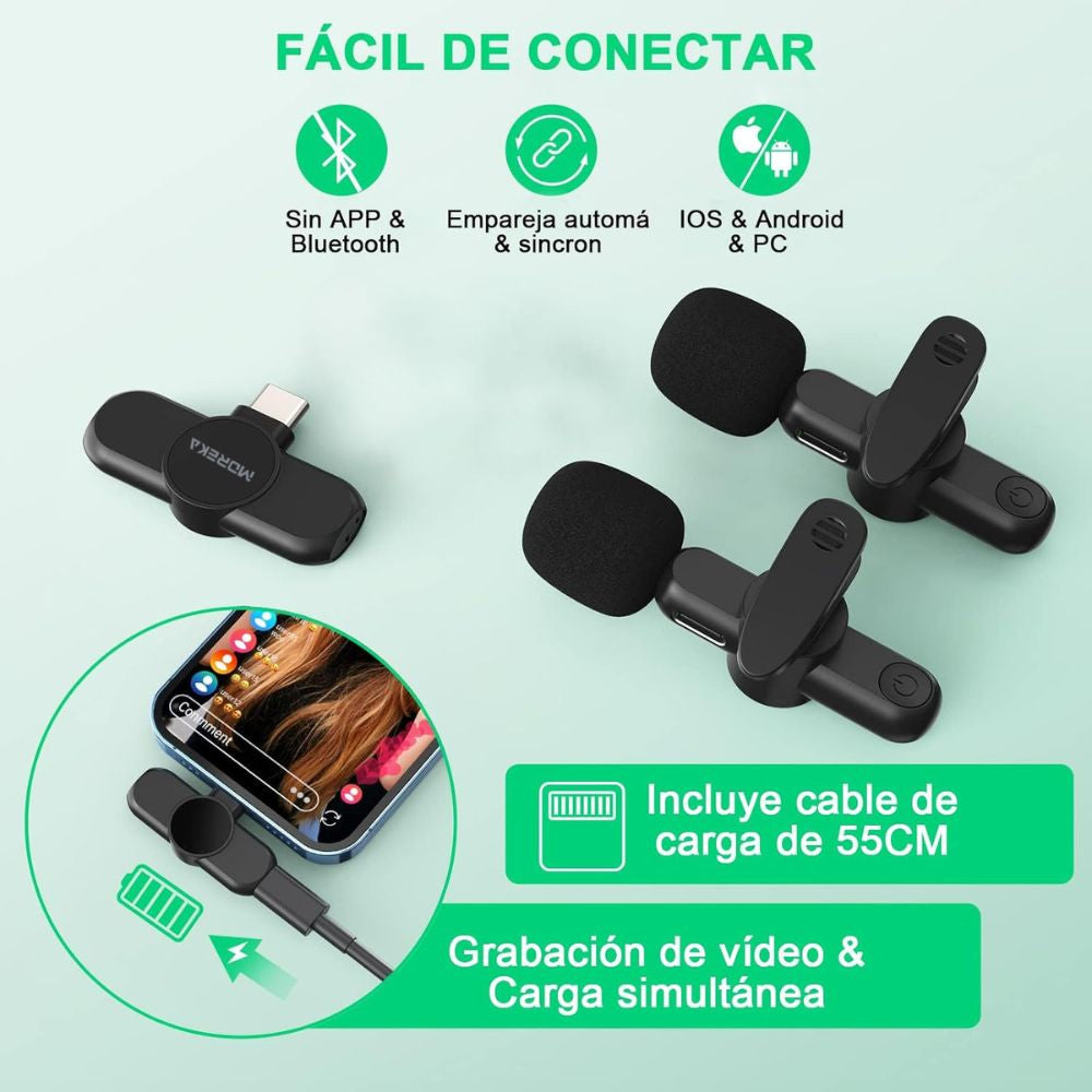Paquete de 2 micrófonos inalámbricos reducción de ruido con clip para grabación de vlog Moreka ML-03 - Imagen 3