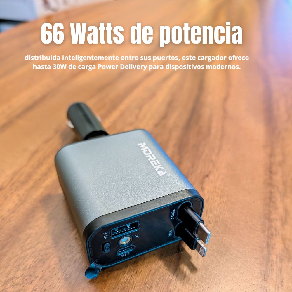 Plug in Turbo 66W PD30W 3.1A Moreka CP0091 PlugIn cables retractil IP y C - Imagen 7