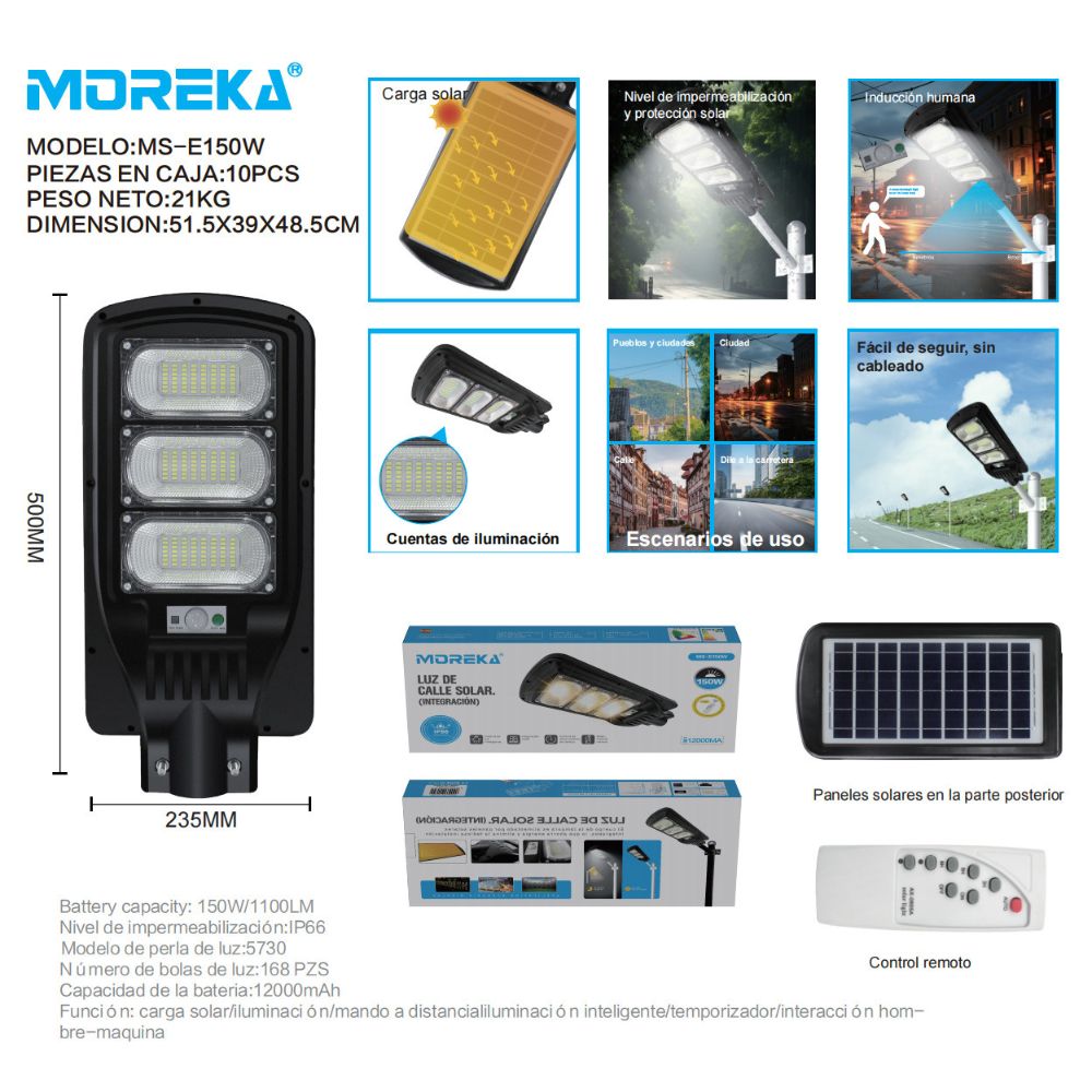 Luminaria Suburbana Alumbrado Publico Solar 150W con Sensor Movimiento MS-E150W - Imagen 3