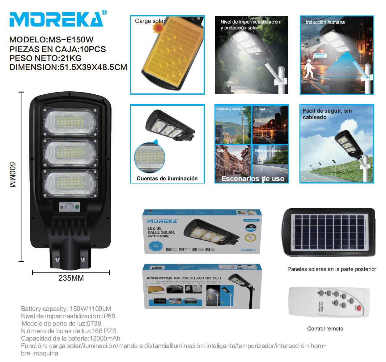 Luminaria Suburbana Alumbrado Publico Solar 150W con Sensor Movimiento MS-E150W - Imagen 9