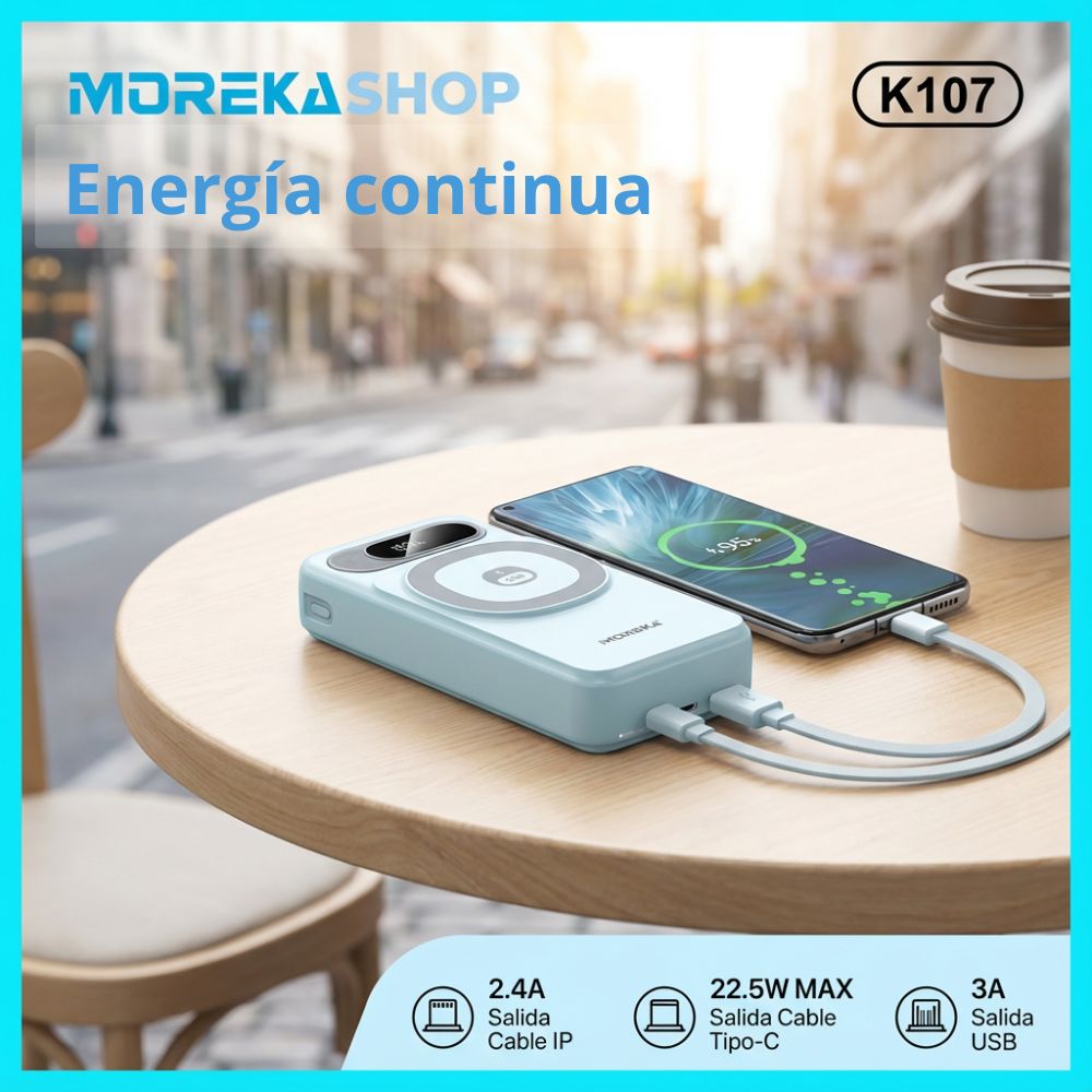 Power Bank Moreka K107 20000mAh 22.5W Magsafe 15w Cables C Lightning - Imagen 3