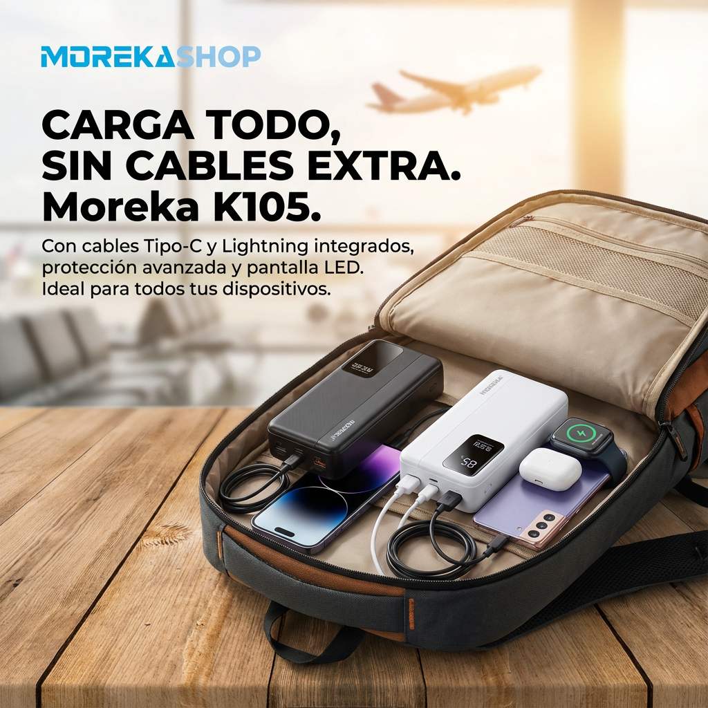 Power Bank Moreka K105 30000mAh 22.5W Cables C Lightning - Imagen 3