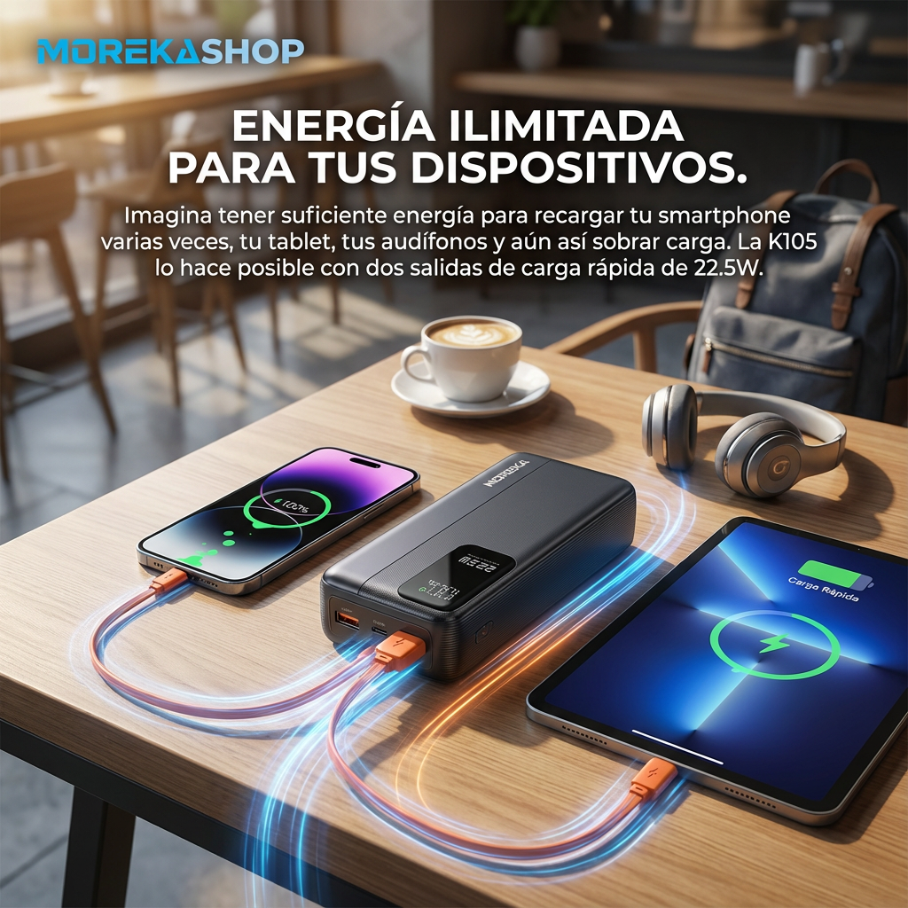 Power Bank Moreka K105 30000mAh 22.5W Cables C Lightning - Imagen 4