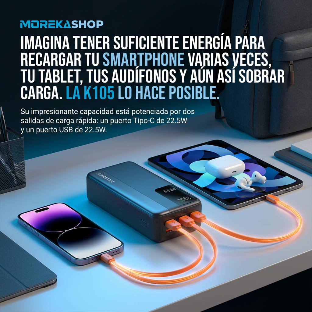 Power Bank Moreka K105 30000mAh 22.5W Cables C Lightning - Imagen 6
