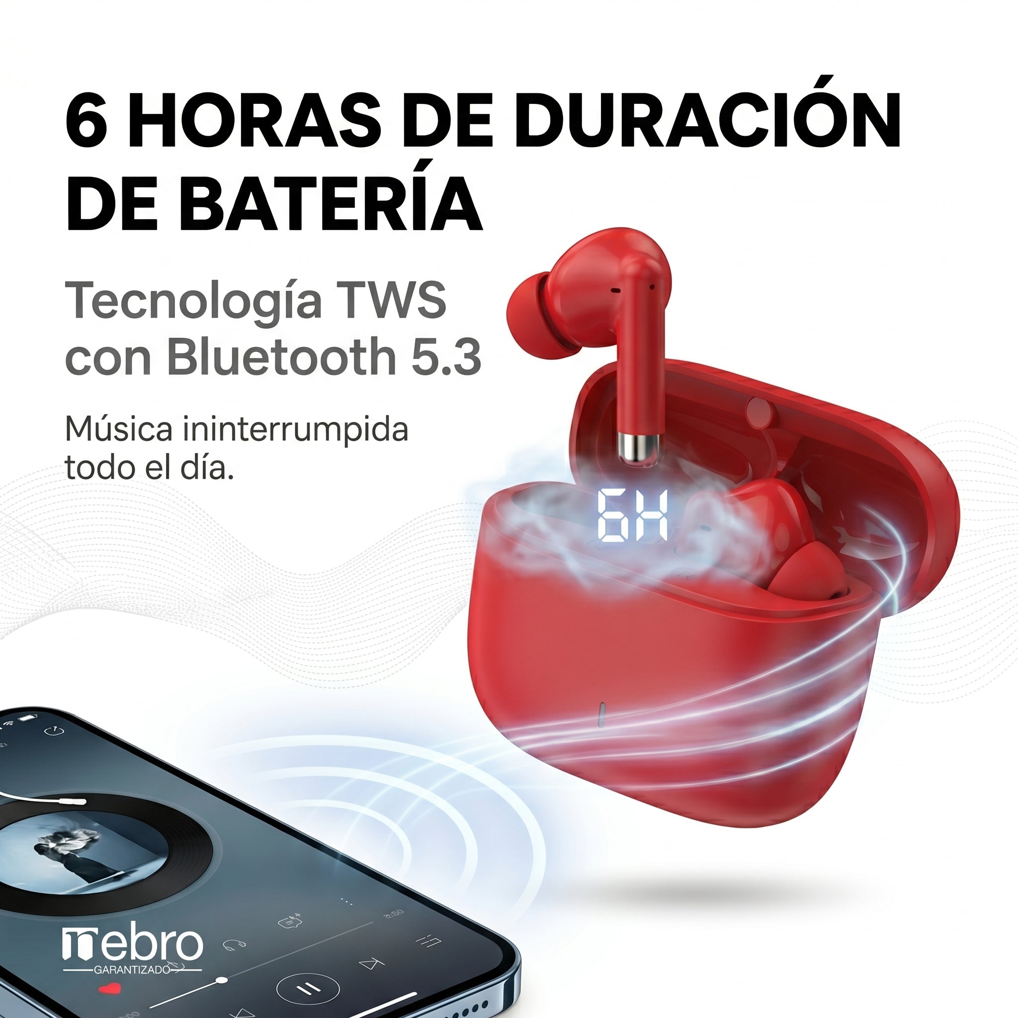 Audífonos Bluetooth 30mAh / Estuche 300mAh 20h con estuche Nebro WE-062 - Imagen 4