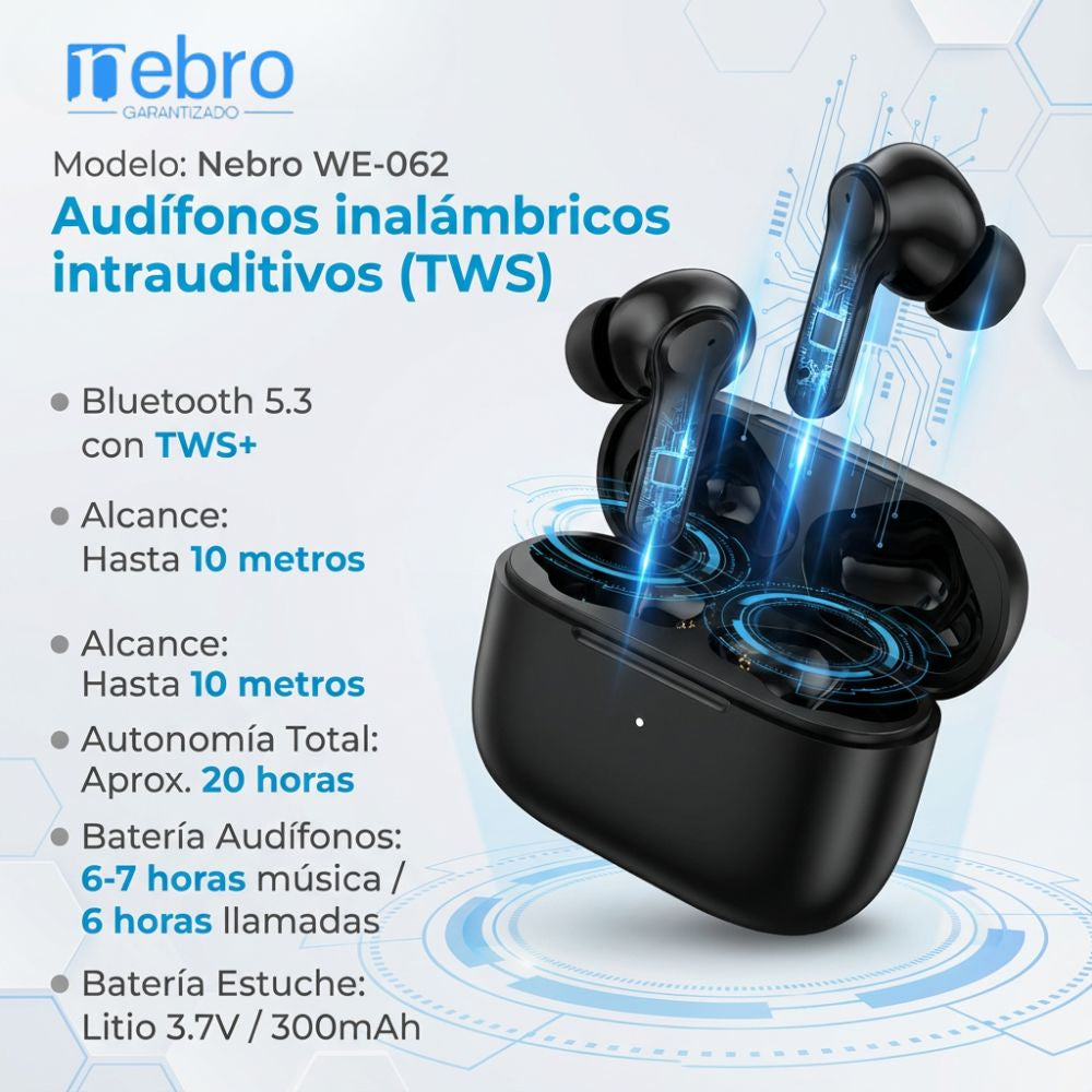 Audífonos Bluetooth 30mAh / Estuche 300mAh 20h con estuche Nebro WE-062 - Imagen 6