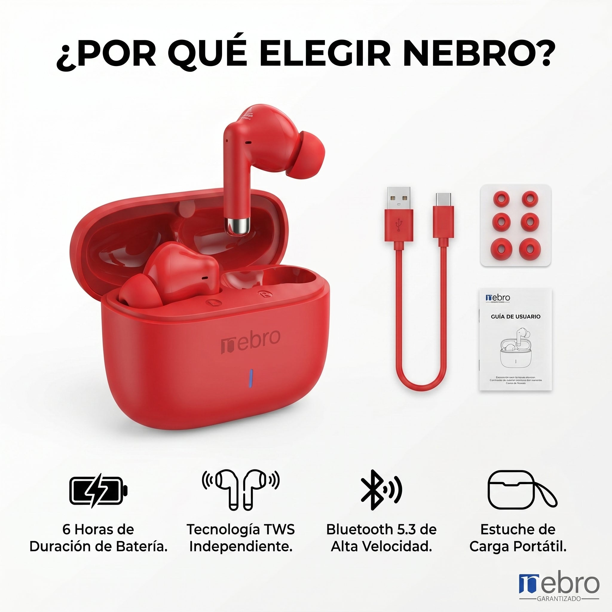 Audífonos Bluetooth 30mAh / Estuche 300mAh 20h con estuche Nebro WE-062 - Imagen 7