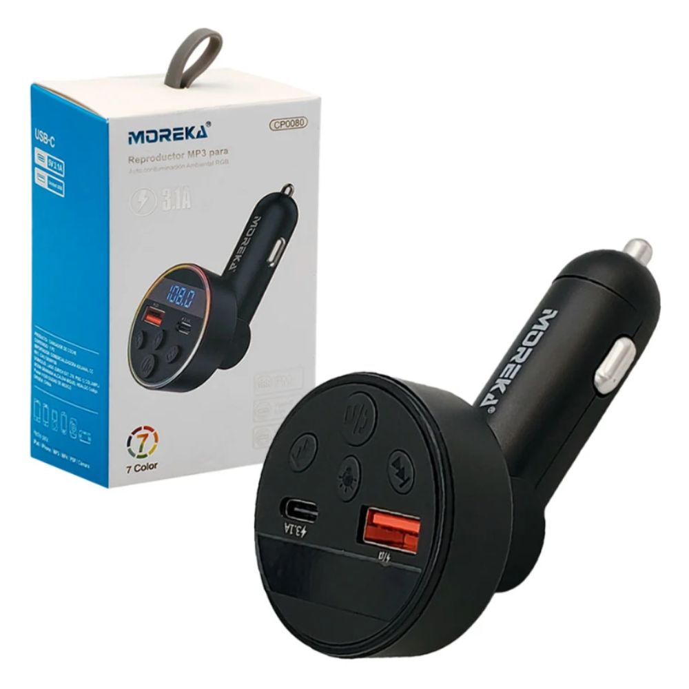 Plug In Cargador de Automóvil Moreka CP0080 45W 7 Puertos (USB + Tipo-C) Bluetooth 5.3 Llamadas Manos Libres Radio FM Transmisor MP3 Luz Ambiental 7 Colores