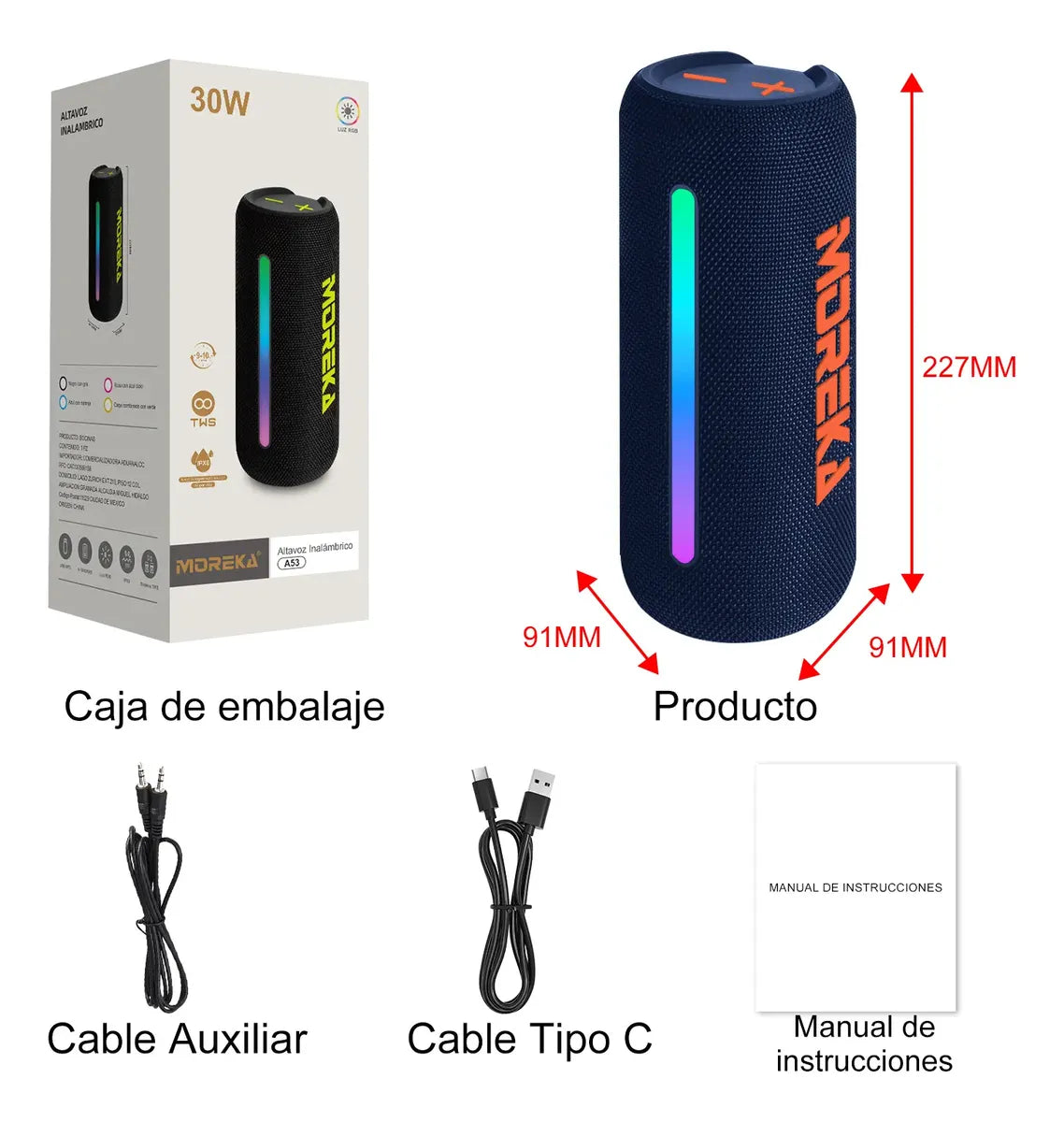 Bocina Bluetooth Portátil Moreka A53 Sonido de 30W con luces RGB IPX6 - Imagen 3