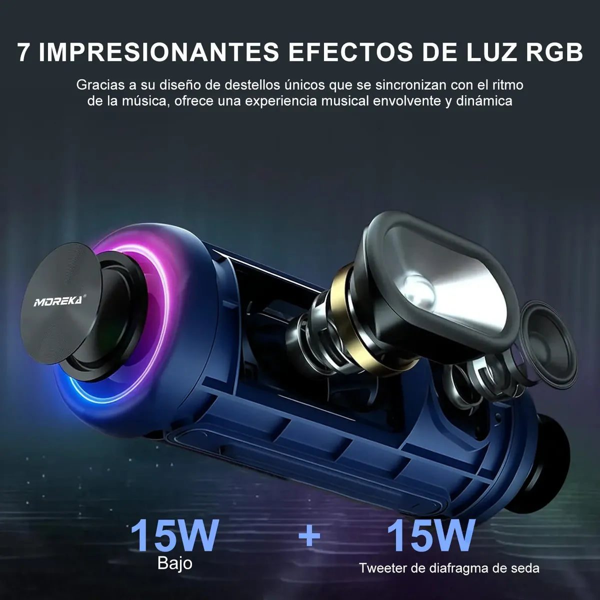 Bocina Bluetooth Portátil Moreka A53 Sonido de 30W con luces RGB IPX6 - Imagen 8