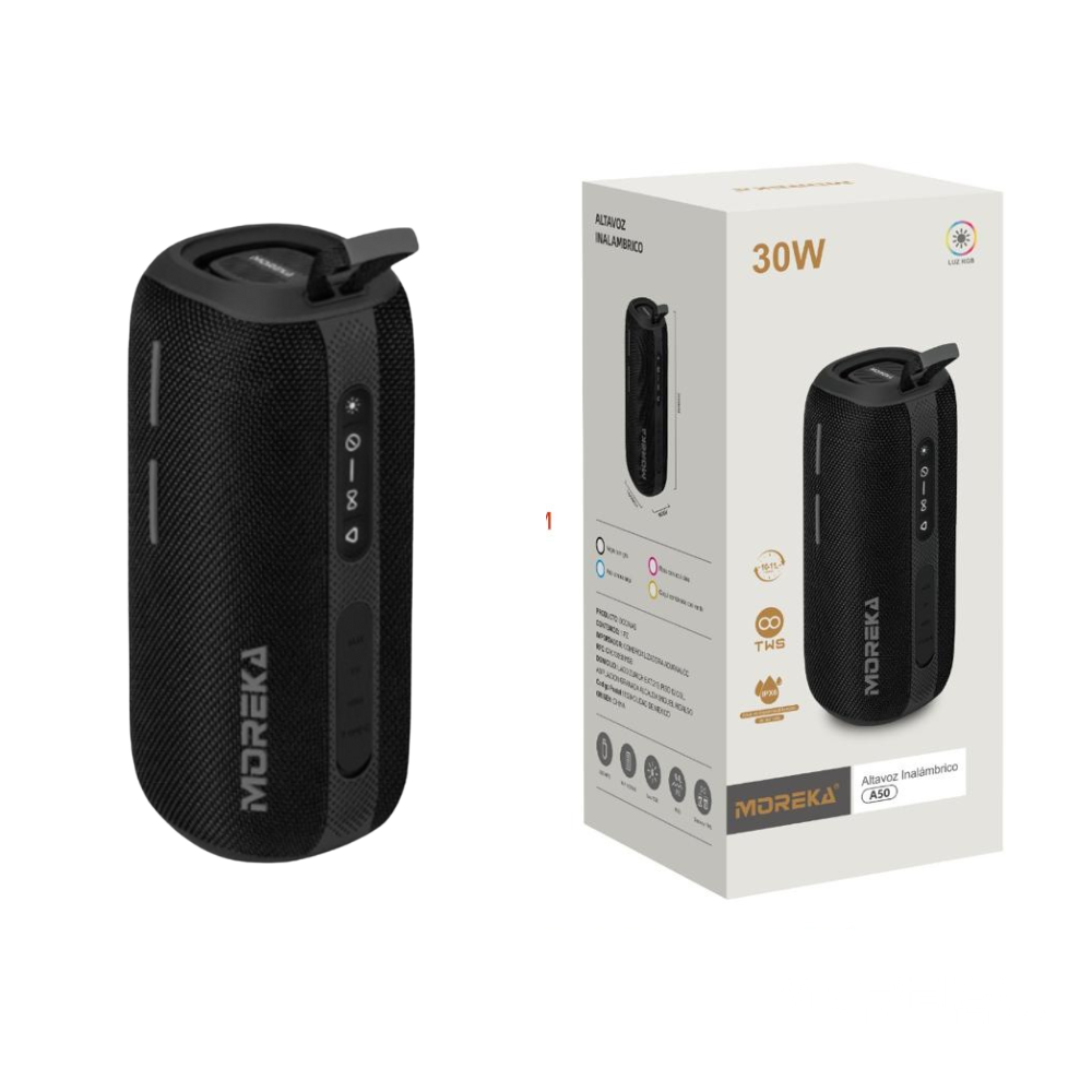 Bocina Moreka A50 30W 15W*2 3600mAh 10hrs de bateria Bluetooth IPX6 - Imagen 1