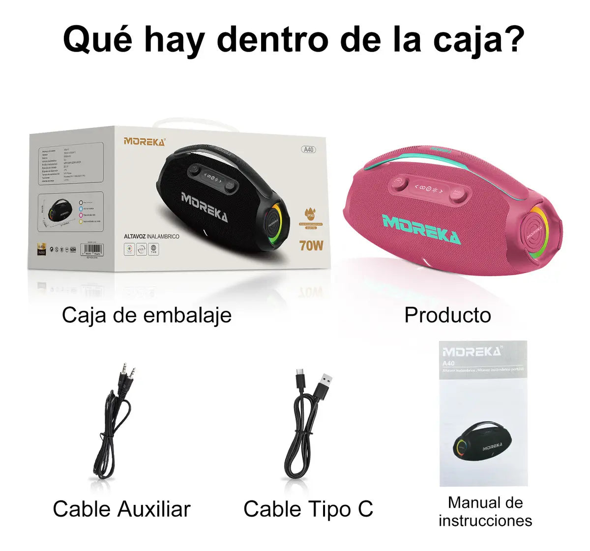 MOREKA A40 Bocina Bluetooth 70W BT 5.3 10m, Tipo-C, IPX6, LED RGB - Imagen 3